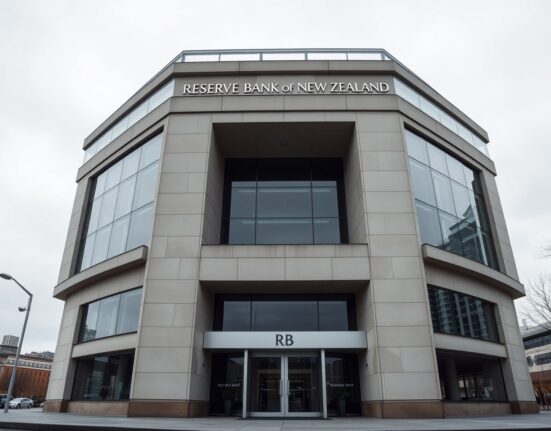 Exterior of the Reserve Bank of New Zealand building in Wellington on a cloudy day