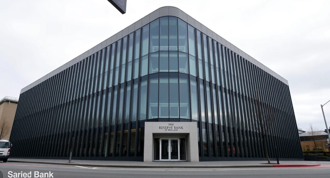 Reserve Bank of New Zealand building in Wellington on a cloudy day