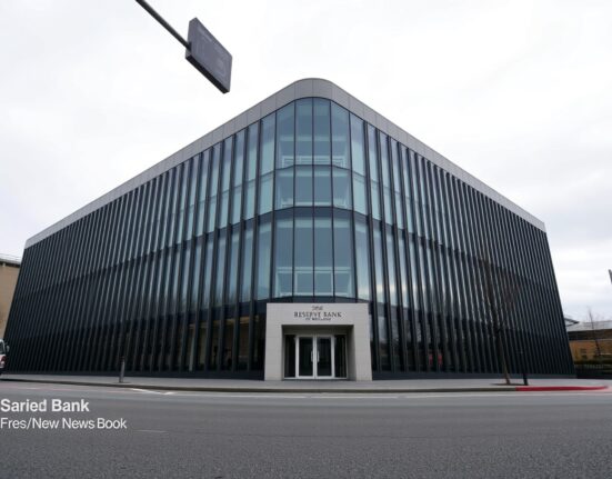 Reserve Bank of New Zealand building in Wellington on a cloudy day