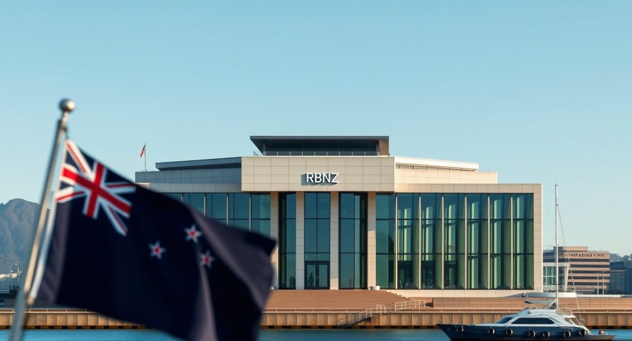 Reserve Bank of New Zealand building during interest rate decision announcement amid global inflation concerns