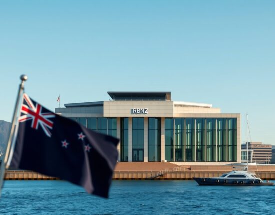Reserve Bank of New Zealand building during interest rate decision announcement amid global inflation concerns