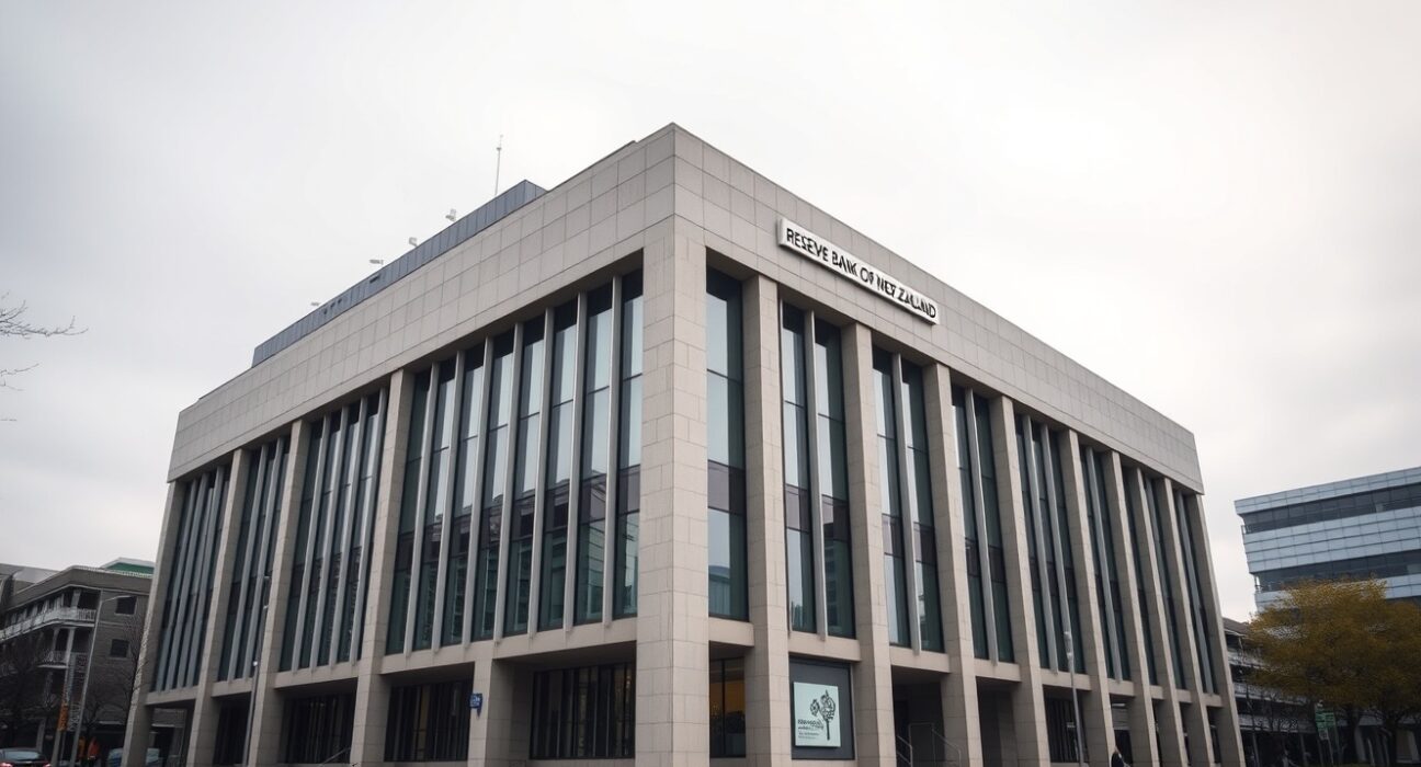 Reserve Bank of New Zealand headquarters in Wellington on a cloudy day