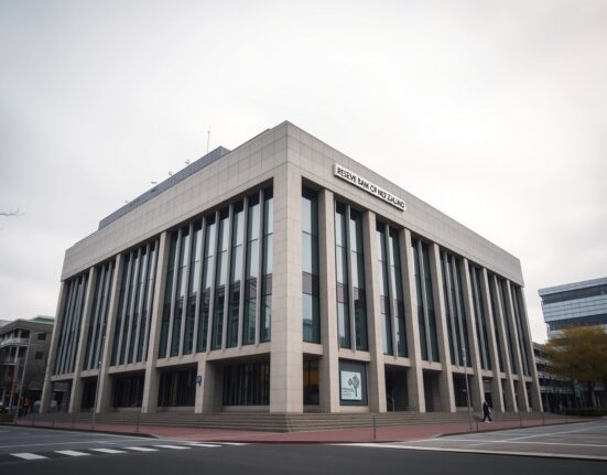 Reserve Bank of New Zealand headquarters in Wellington on a cloudy day