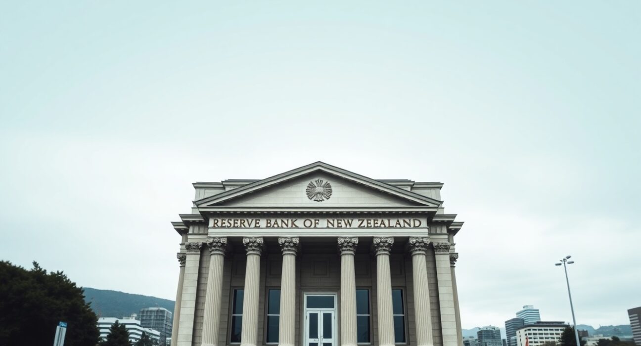 Reserve Bank of New Zealand building in Wellington, representing RBNZ monetary policy stance with no tightening bias.