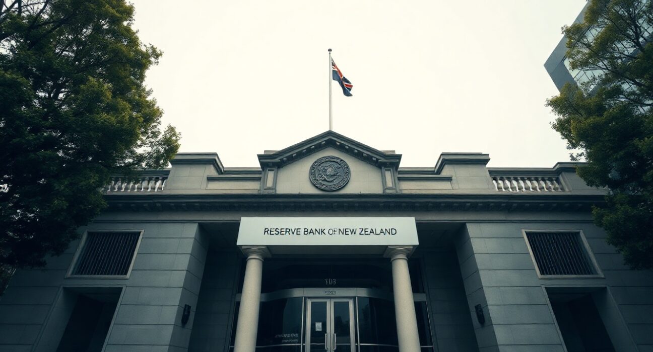 Exterior of the Reserve Bank of New Zealand building in Wellington on an overcast day.