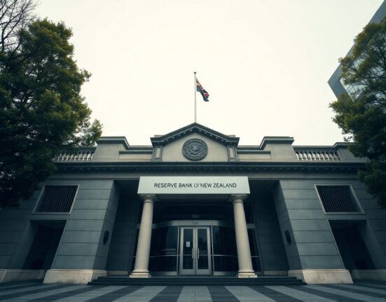 Exterior of the Reserve Bank of New Zealand building in Wellington on an overcast day.