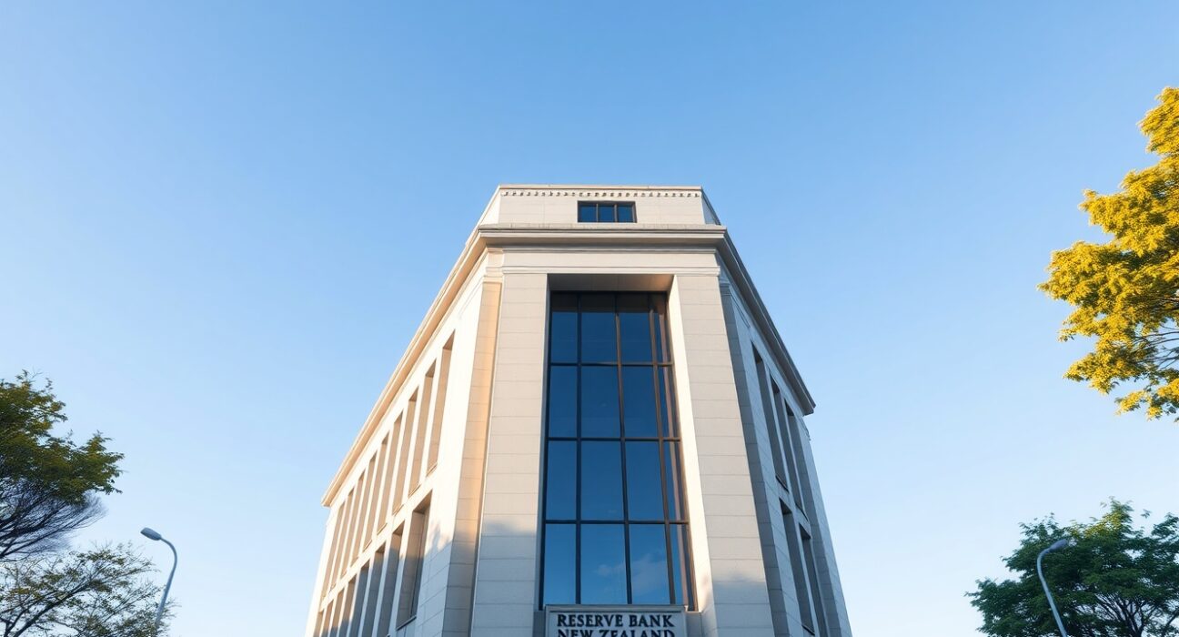 Reserve Bank of New Zealand building in Wellington under a clear sky.