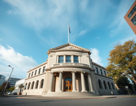 Reserve Bank of New Zealand building in Wellington on a clear day