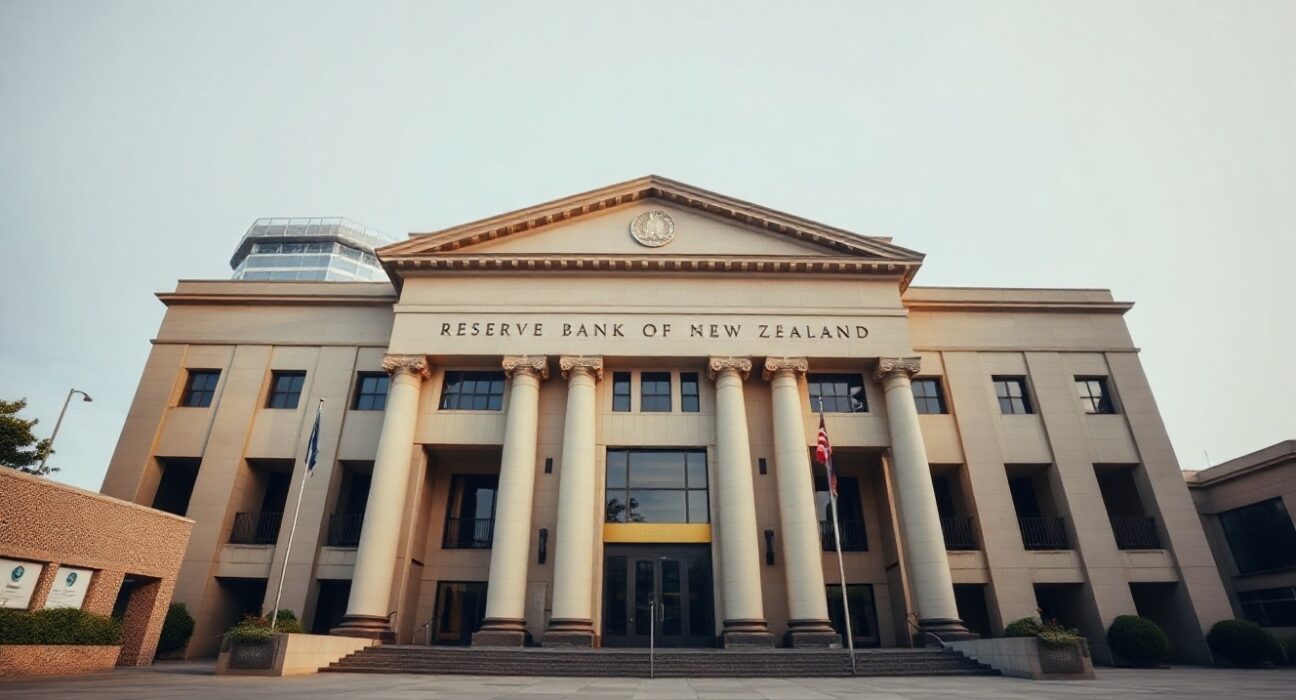 Reserve Bank of New Zealand headquarters in Wellington on a cloudy day