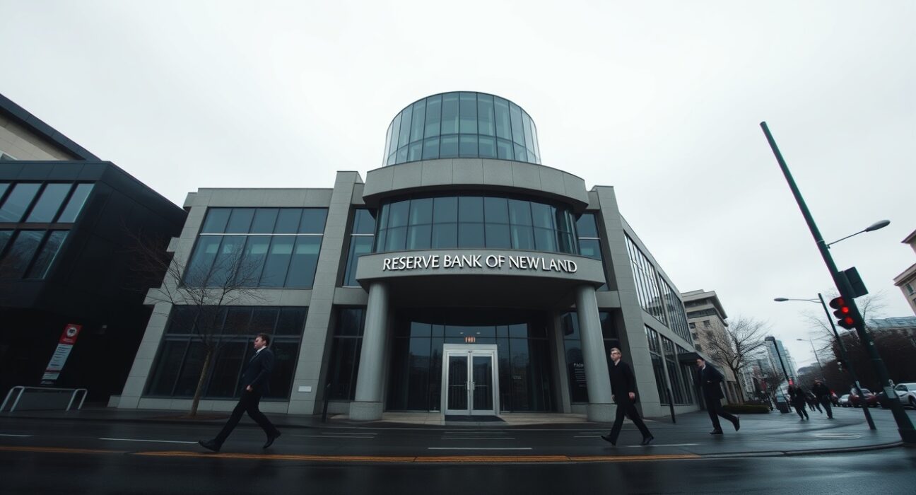 Reserve Bank of New Zealand building in Wellington on a cloudy day, representing central bank inflation data release