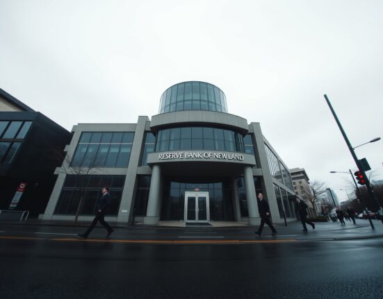 Reserve Bank of New Zealand building in Wellington on a cloudy day, representing central bank inflation data release