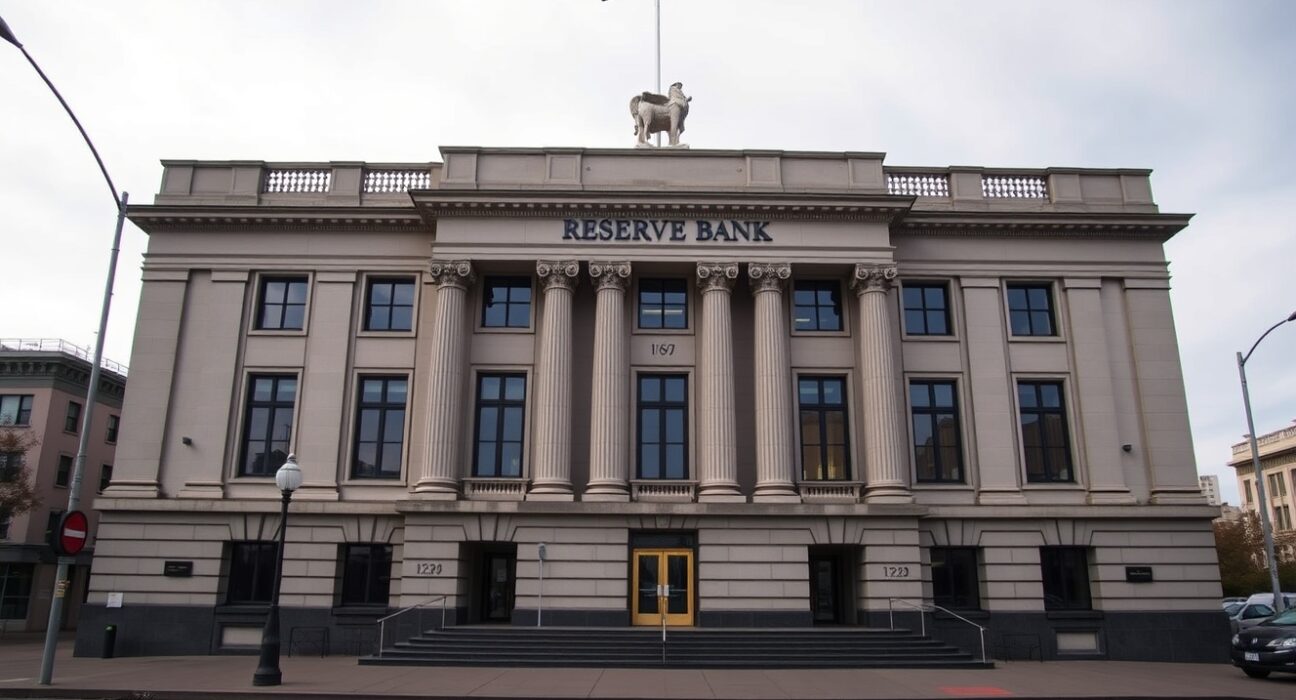 Reserve Bank of New Zealand building in Wellington on a cloudy day