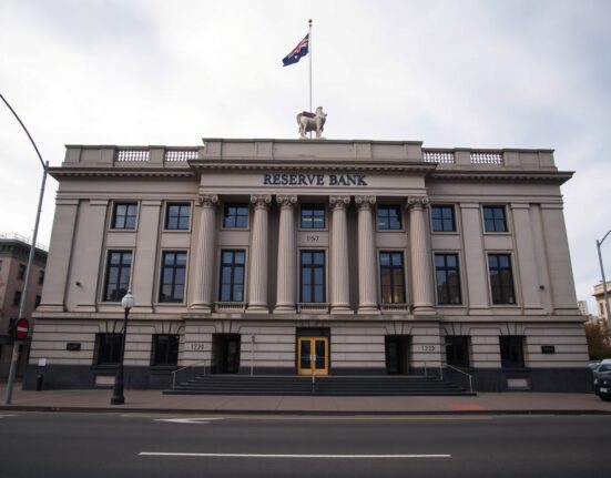 Reserve Bank of New Zealand building in Wellington on a cloudy day