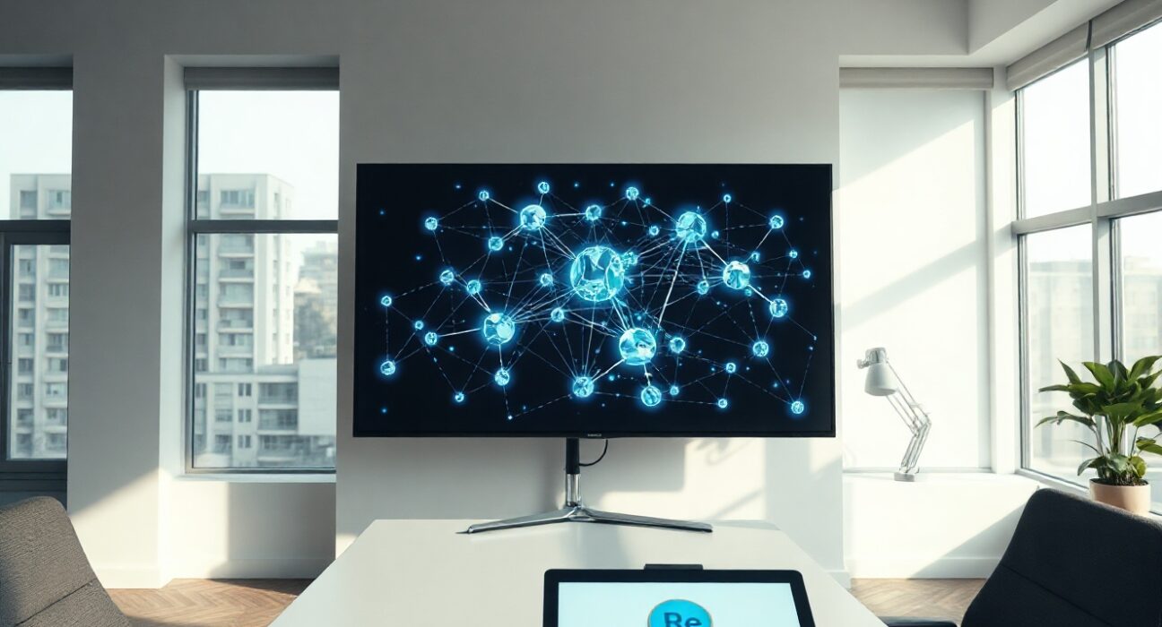 Digital screen displaying a decentralized reinsurance network with a Re token icon on a tablet in a modern office
