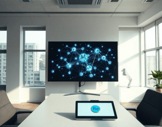 Digital screen displaying a decentralized reinsurance network with a Re token icon on a tablet in a modern office
