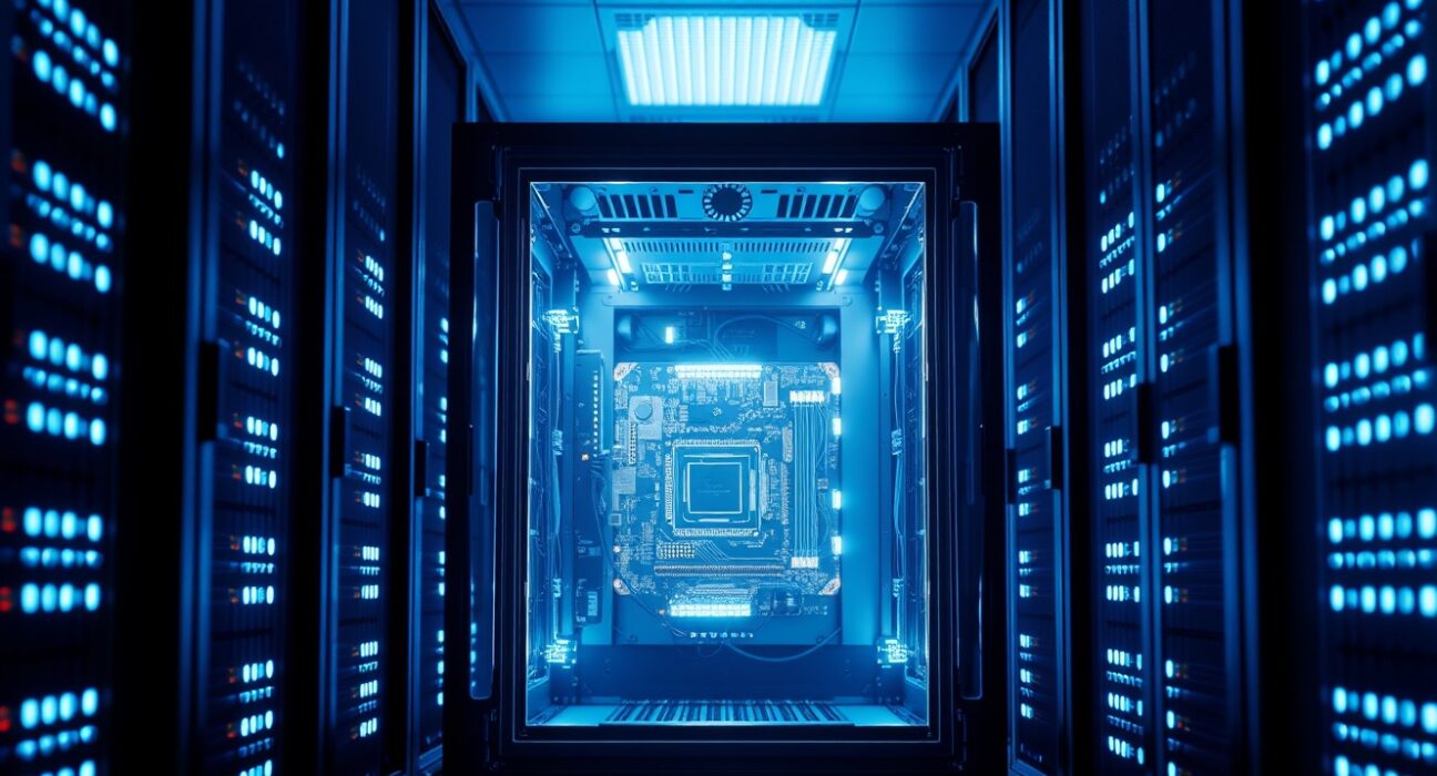 Data center interior with open server rack glowing blue, representing open-source AI infrastructure.