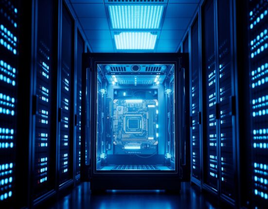 Data center interior with open server rack glowing blue, representing open-source AI infrastructure.