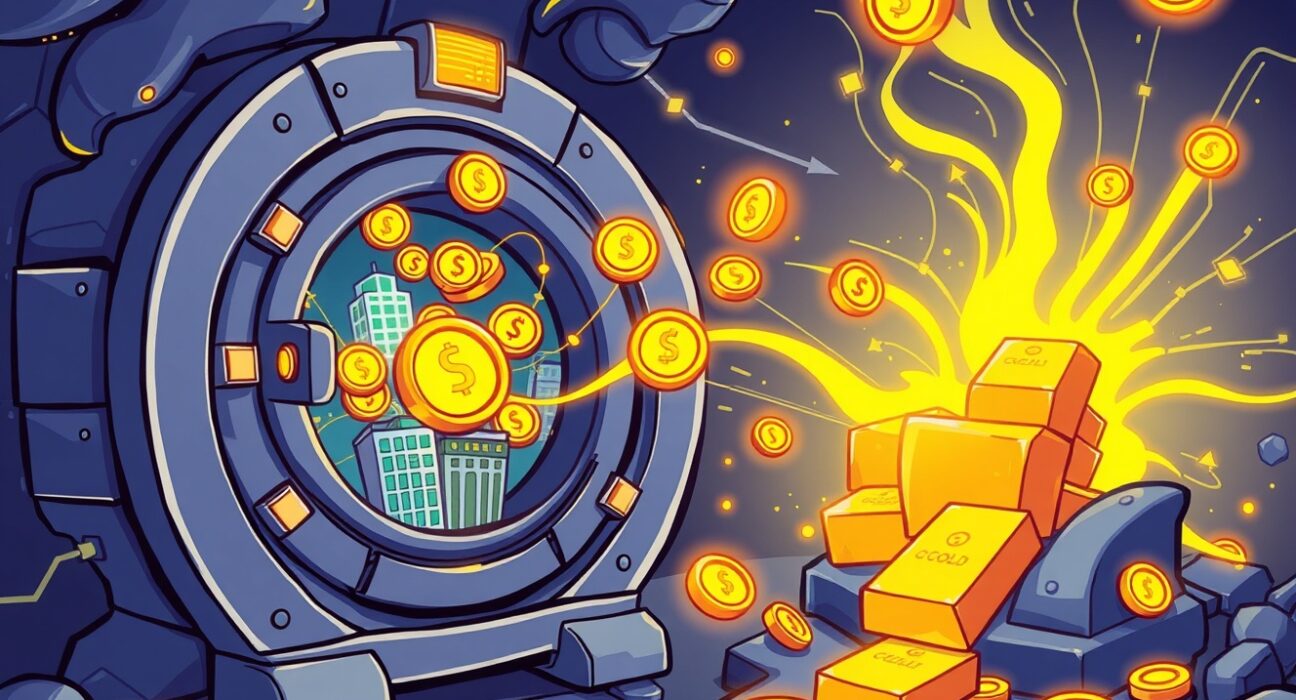 Real Finance RWA tokenization network bridging digital tokens with real-world assets in a vibrant illustration.