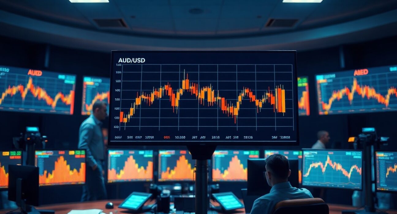 Trading desk monitors showing declining AUD/USD forex chart with professional traders in background