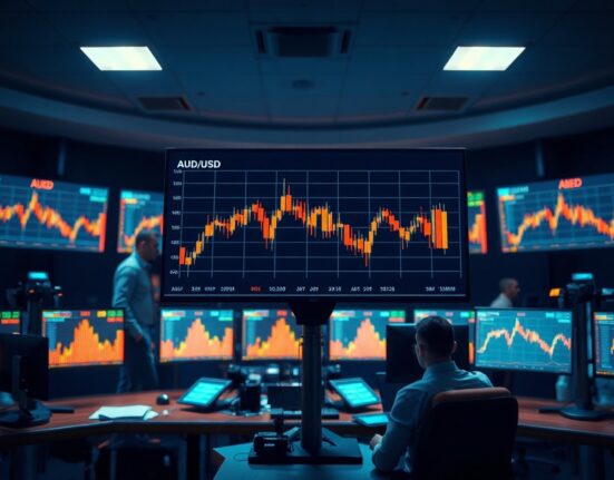Trading desk monitors showing declining AUD/USD forex chart with professional traders in background