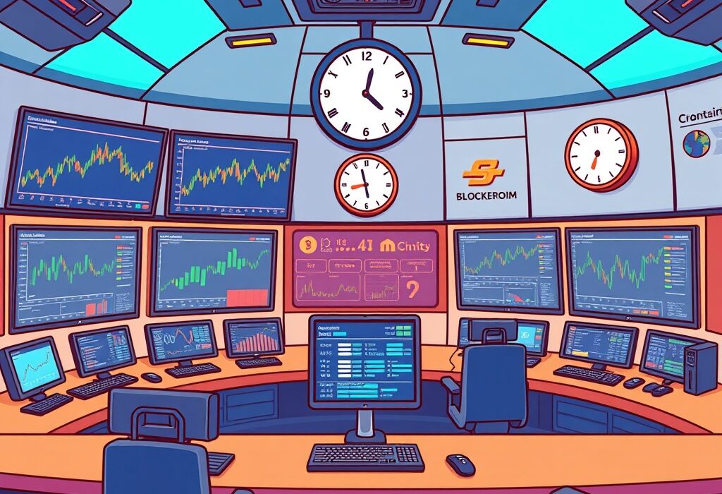 An animated control room showing continuous real-time crypto news updates, highlighting Bitcoin World's commitment to delivering timely information.