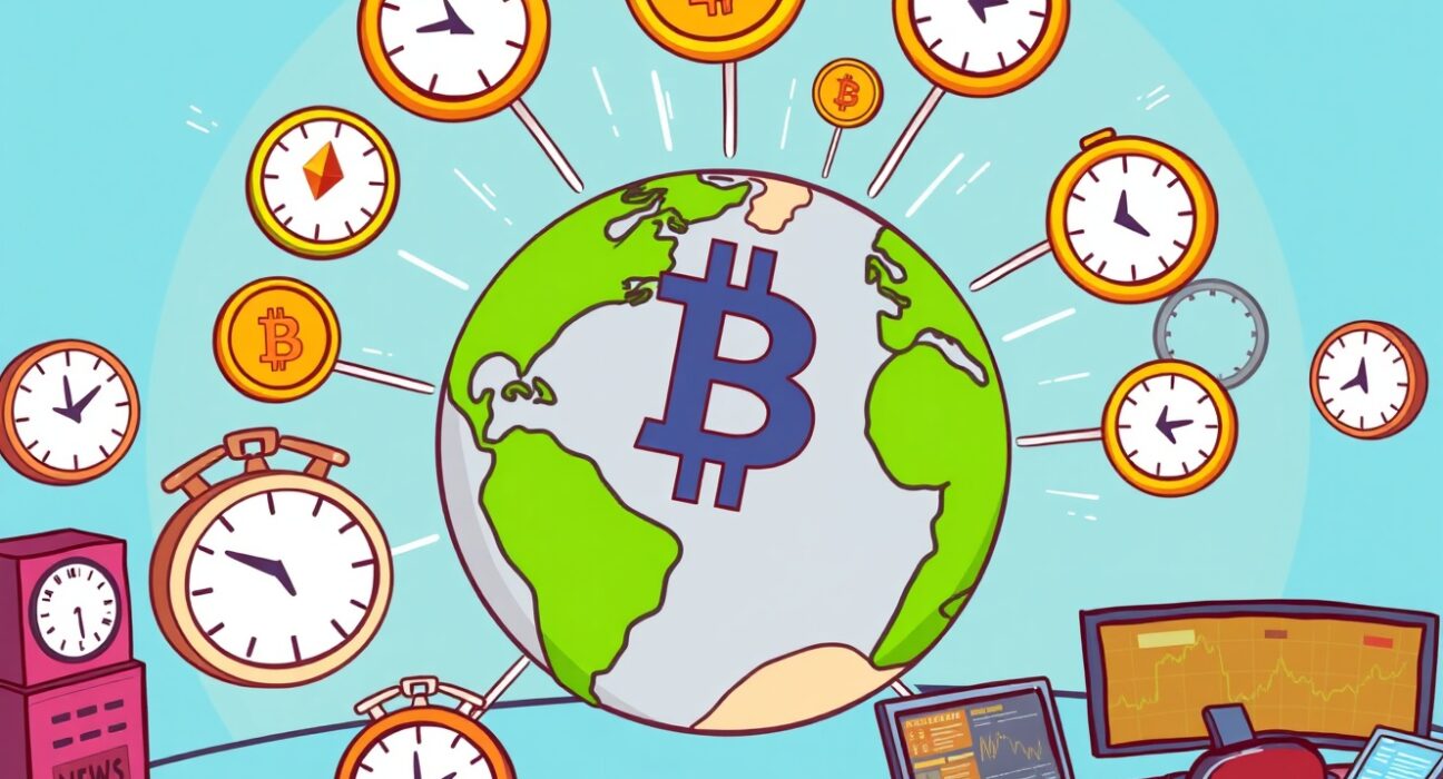 A cartoon image illustrating the continuous delivery of real-time crypto news and market insights.