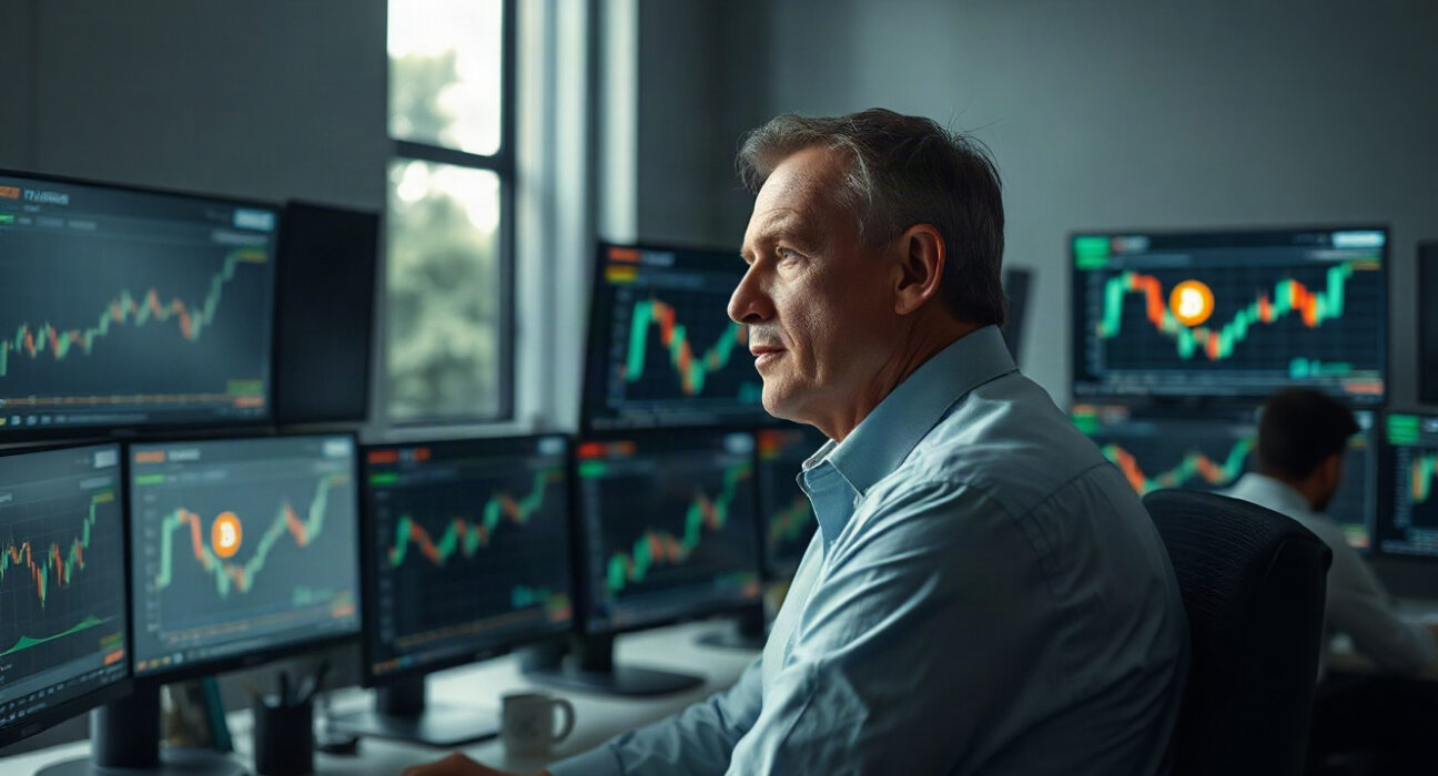 Financial analyst reviewing Bitcoin price charts on multiple screens in a modern office