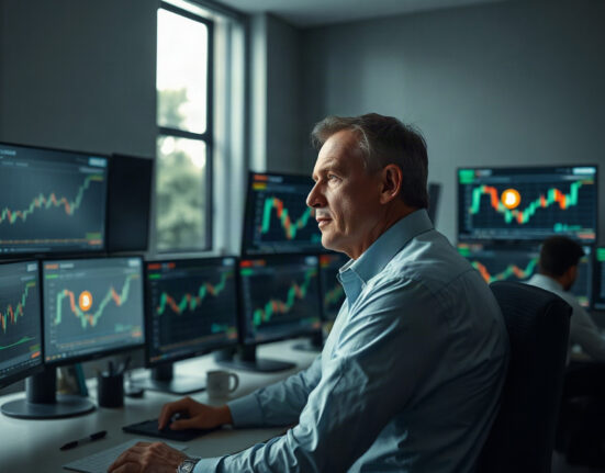 Financial analyst reviewing Bitcoin price charts on multiple screens in a modern office