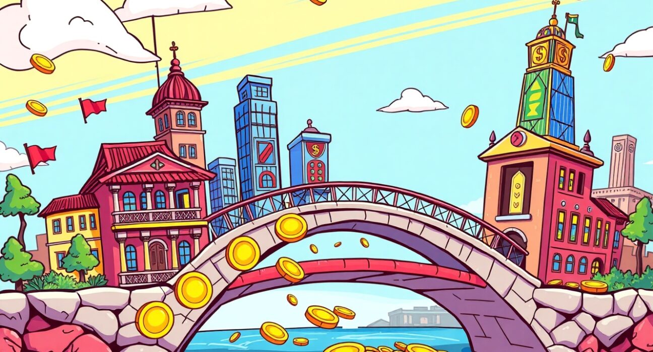 Real-world assets bridging traditional finance with blockchain technology in vibrant illustration