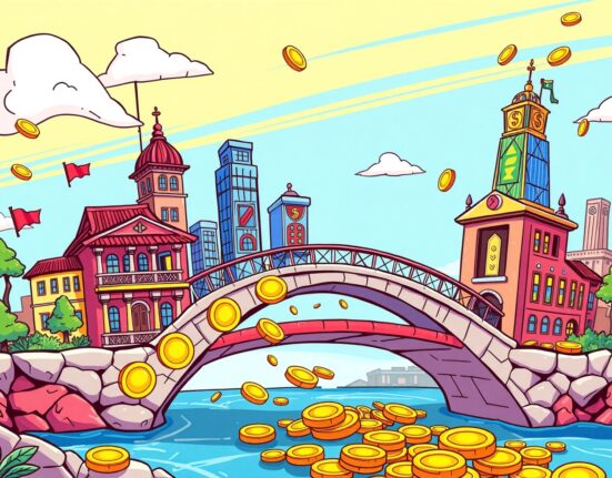 Real-world assets bridging traditional finance with blockchain technology in vibrant illustration