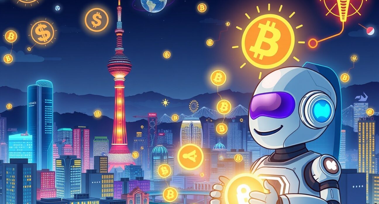 Cartoon illustration of AI and DeFi merging with Real-World Assets in a futuristic Seoul cityscape, symbolizing the RWAiFi Summit.