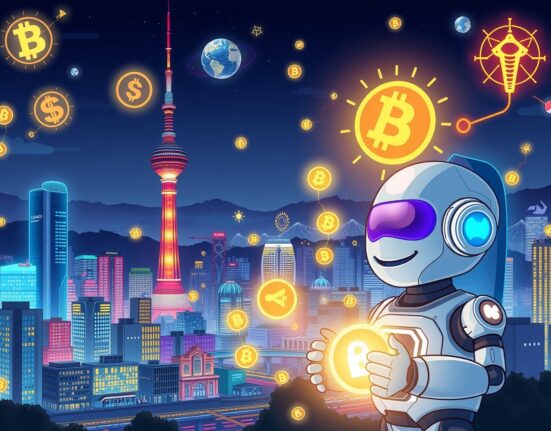 Cartoon illustration of AI and DeFi merging with Real-World Assets in a futuristic Seoul cityscape, symbolizing the RWAiFi Summit.