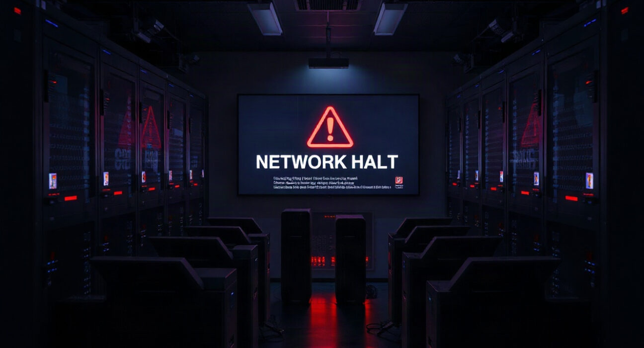 Realio Network halts chain after RIO token theft, showing server room with warning screen