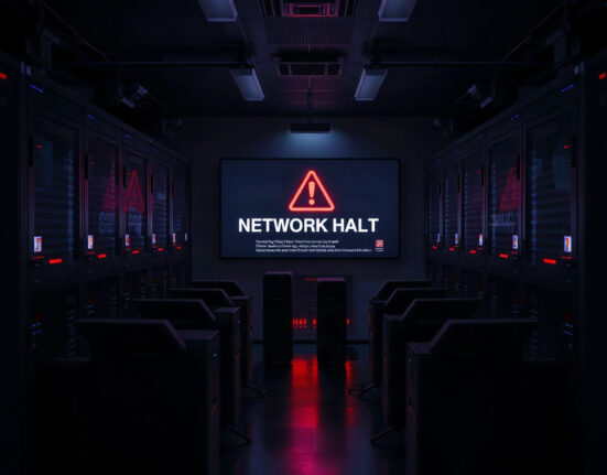 Realio Network halts chain after RIO token theft, showing server room with warning screen