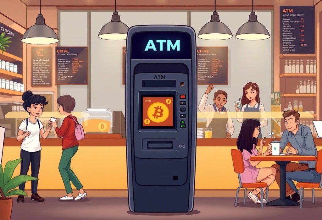 A cartoon illustration showing customers easily accessing crypto ATMs inside a modern coffee shop, symbolizing the integration of cryptocurrency into daily retail.