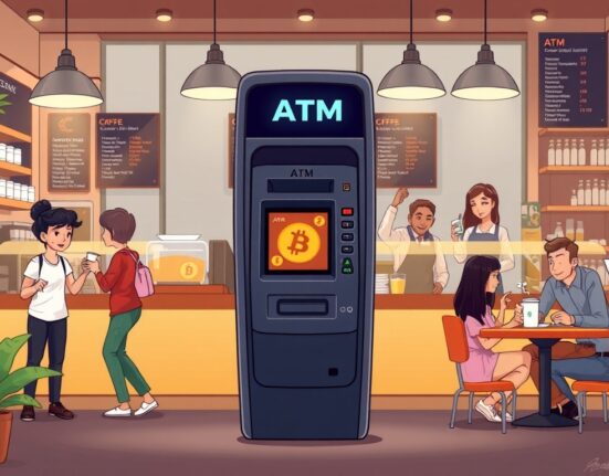 A cartoon illustration showing customers easily accessing crypto ATMs inside a modern coffee shop, symbolizing the integration of cryptocurrency into daily retail.