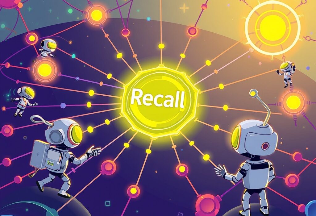 A cartoon illustration showing an AI agent platform Recall acting as a central hub, connecting and searching various AI agents.