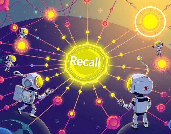 A cartoon illustration showing an AI agent platform Recall acting as a central hub, connecting and searching various AI agents.