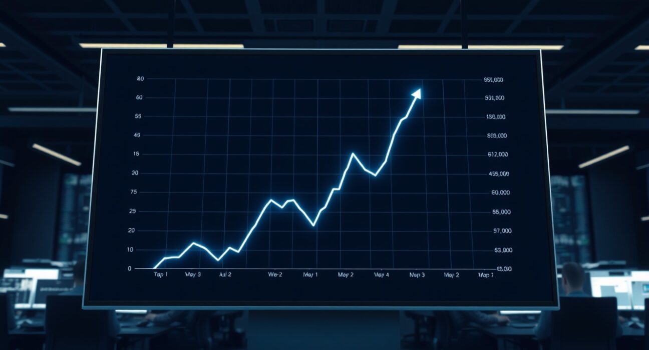 A data screen showing surging recession odds on a prediction market graph for economic analysis.