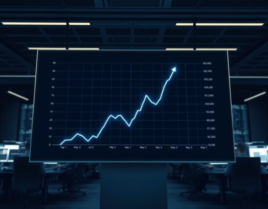 A data screen showing surging recession odds on a prediction market graph for economic analysis.