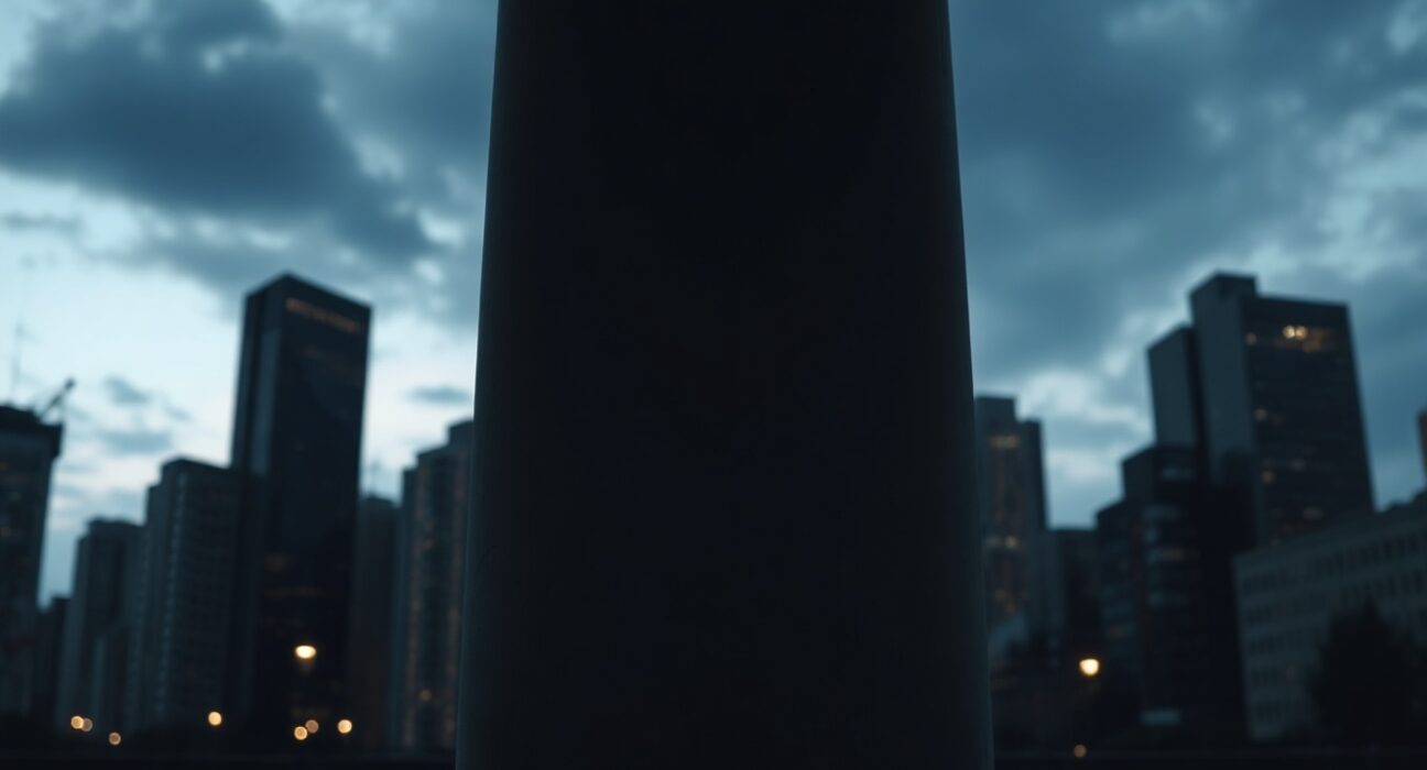 Cracked concrete pillar in front of a dimly lit financial district skyline, symbolizing economic downturn