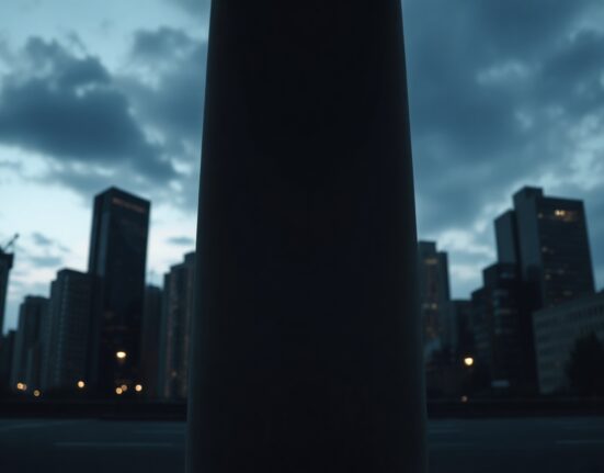 Cracked concrete pillar in front of a dimly lit financial district skyline, symbolizing economic downturn