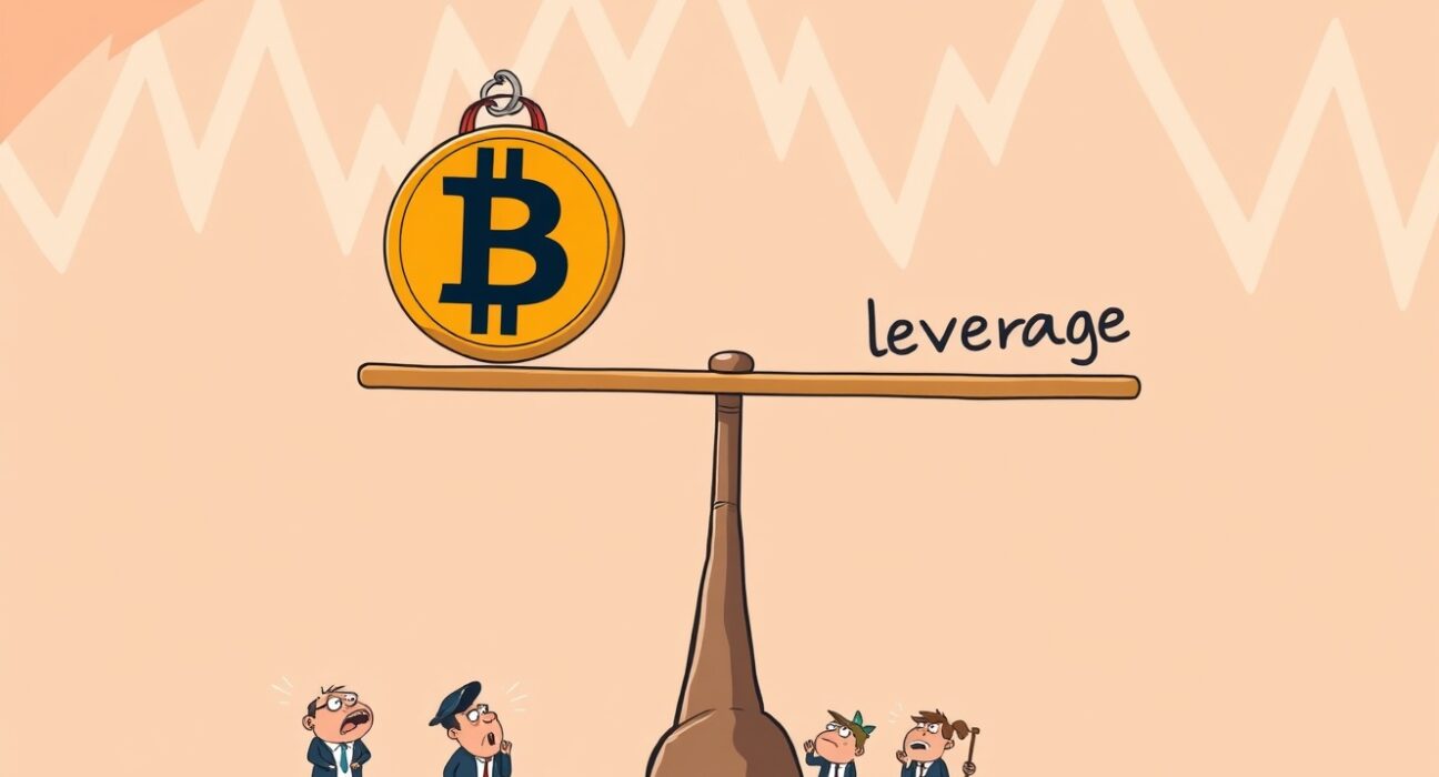 An unstable, leverage-driven Bitcoin market depicted as a precarious seesaw in a vibrant cartoon style.