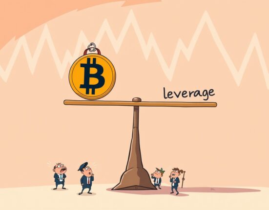 An unstable, leverage-driven Bitcoin market depicted as a precarious seesaw in a vibrant cartoon style.