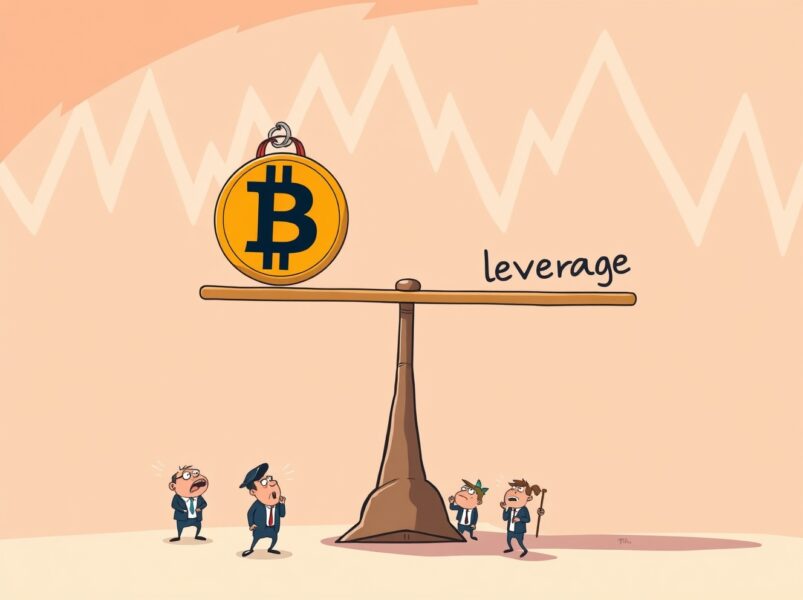 An unstable, leverage-driven Bitcoin market depicted as a precarious seesaw in a vibrant cartoon style.