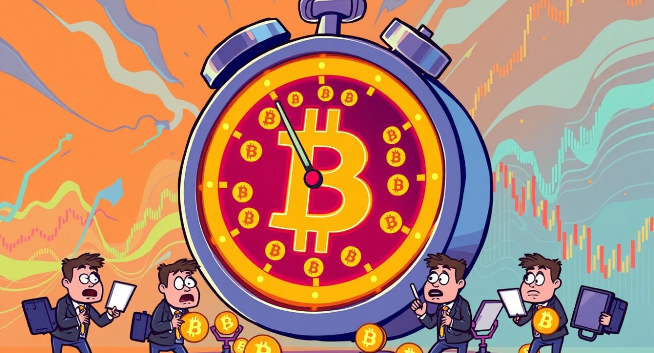 Cartoon illustration of a giant Bitcoin clock ticking down to a record options expiry, creating market anticipation.