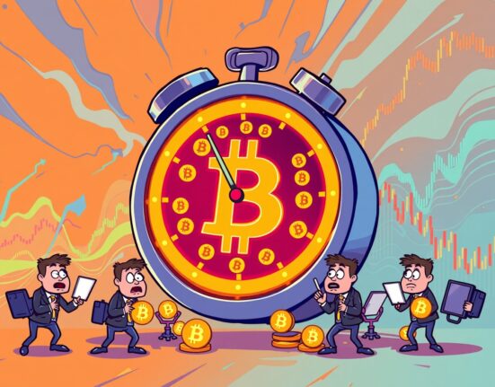 Cartoon illustration of a giant Bitcoin clock ticking down to a record options expiry, creating market anticipation.