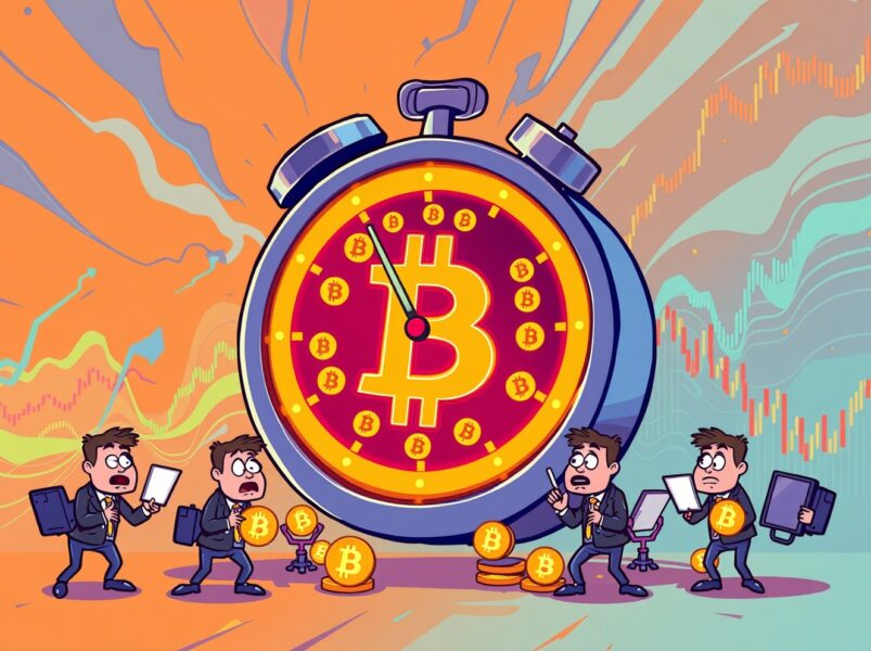 Cartoon illustration of a giant Bitcoin clock ticking down to a record options expiry, creating market anticipation.