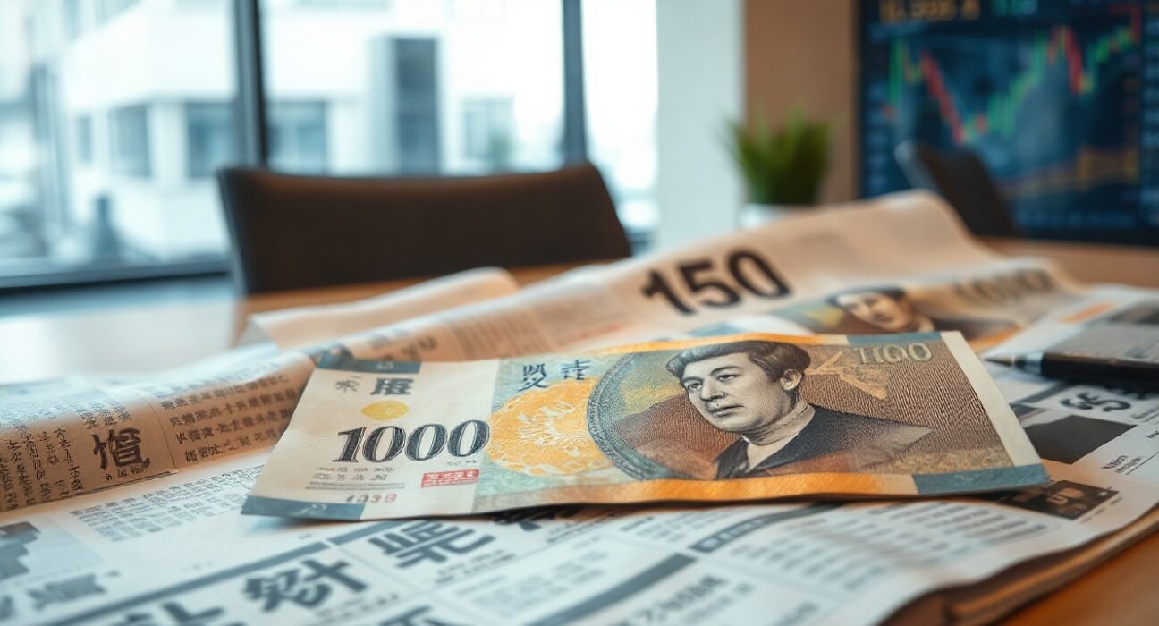 Japanese yen banknote on financial newspaper with market charts