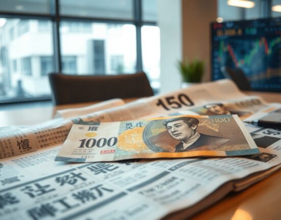Japanese yen banknote on financial newspaper with market charts